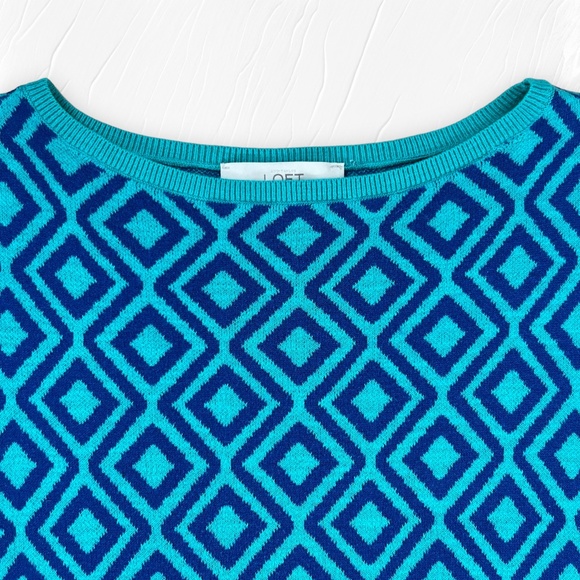 Ann Taylor Loft  Short Sleeve Sweater Geometric Diamond Print Aqua Blue Size XS - Picture 11 of 14